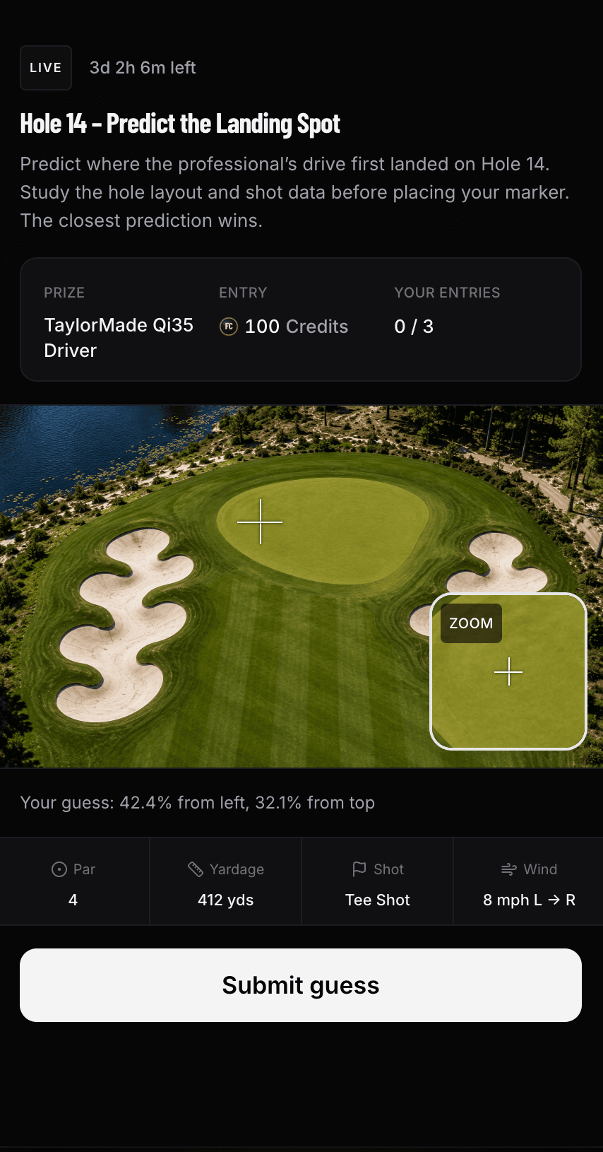 The Fairway Spot the Ball screen: predict the landing spot on Hole 14 with a zoomable aerial green, hole stats and a submit-guess button