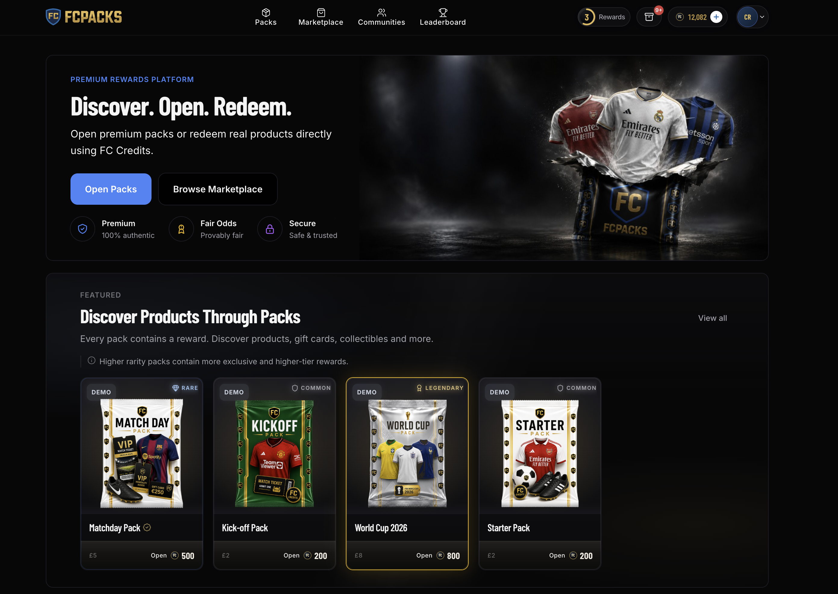 The live FCPacks platform: a production fandom economy with packs, wallets, and real-product redemption running on PackOS