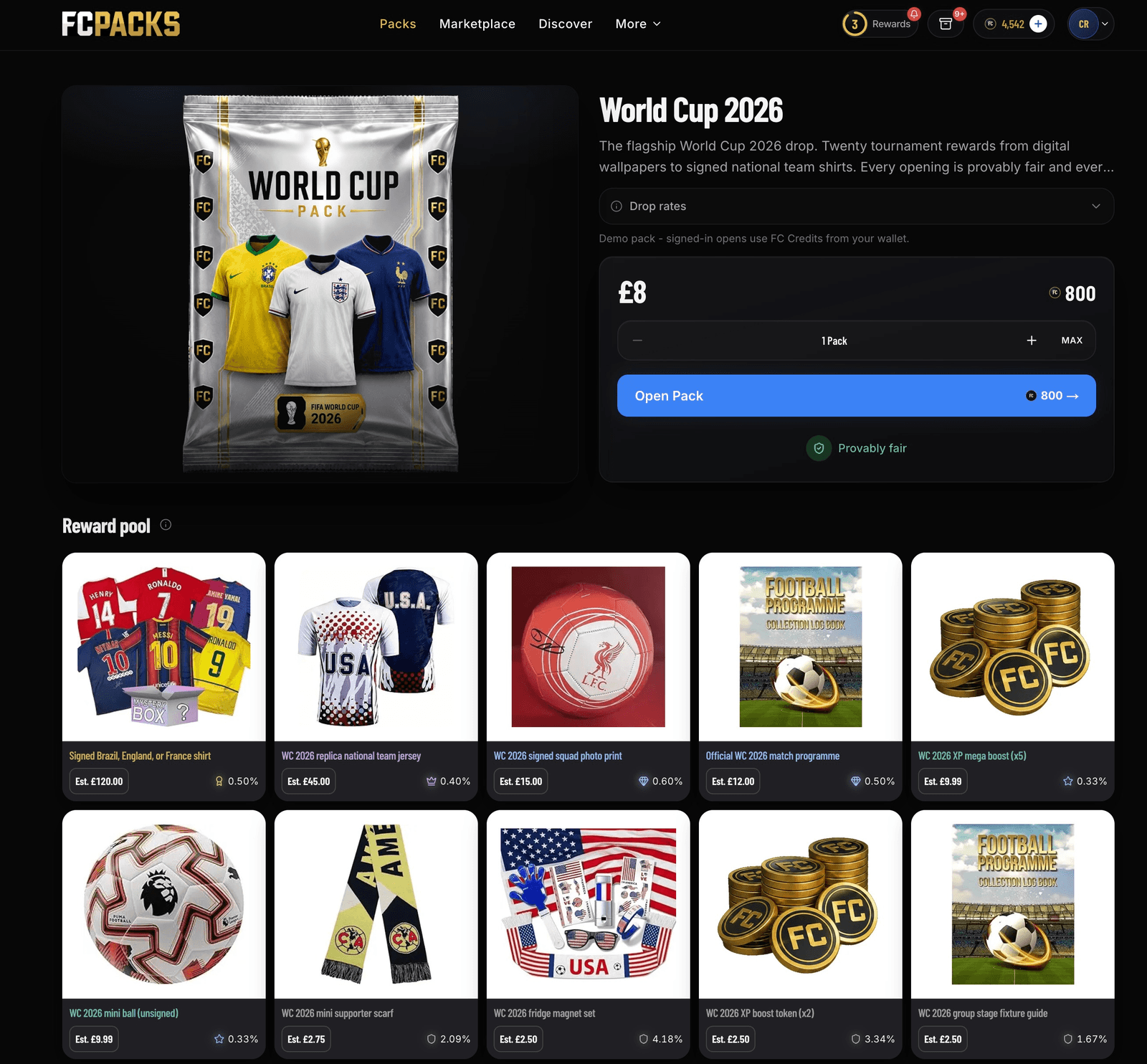 The FCPacks pack detail page running on PackOS: a World Cup 2026 mystery pack with FC Credits wallet balance, provably fair authenticity, an Open Pack action and a full reward pool grid
