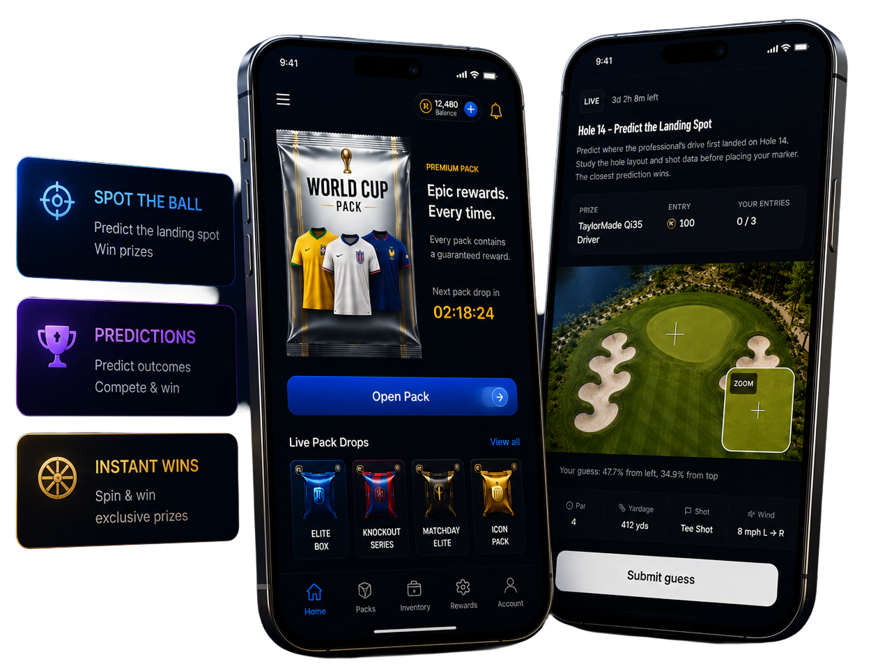 PackOS powering two live products: the FCPacks mystery pack app with a World Cup pack and live pack drops, and the Fairway Spot the Ball golf prediction game, alongside Spot the Ball, Predictions and Instant Wins engagement modules
